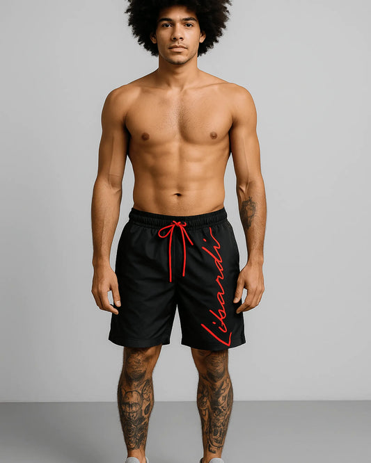 Pantaloneta Piscina Negra Firma Roja Cursiva
